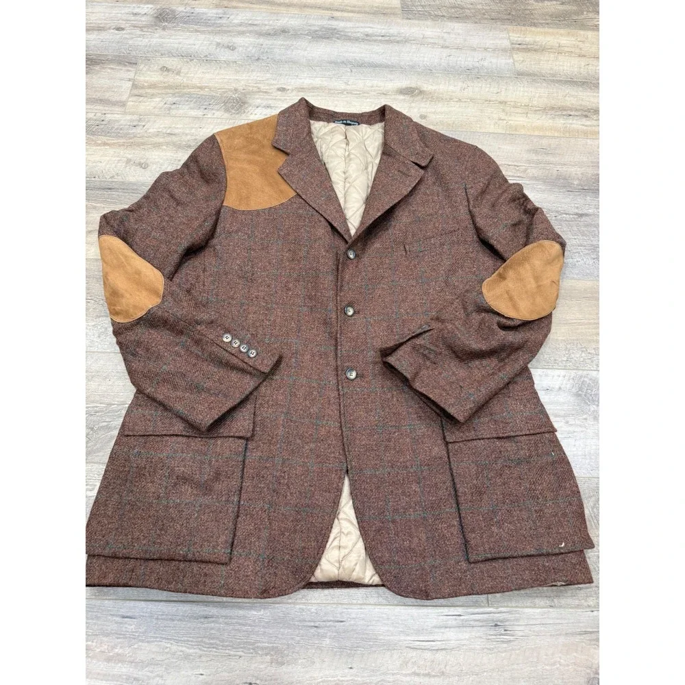 Cesarani Mens XXL Wool Tweed Shooting Jacket Suede Patches Brown Plaid Coat
